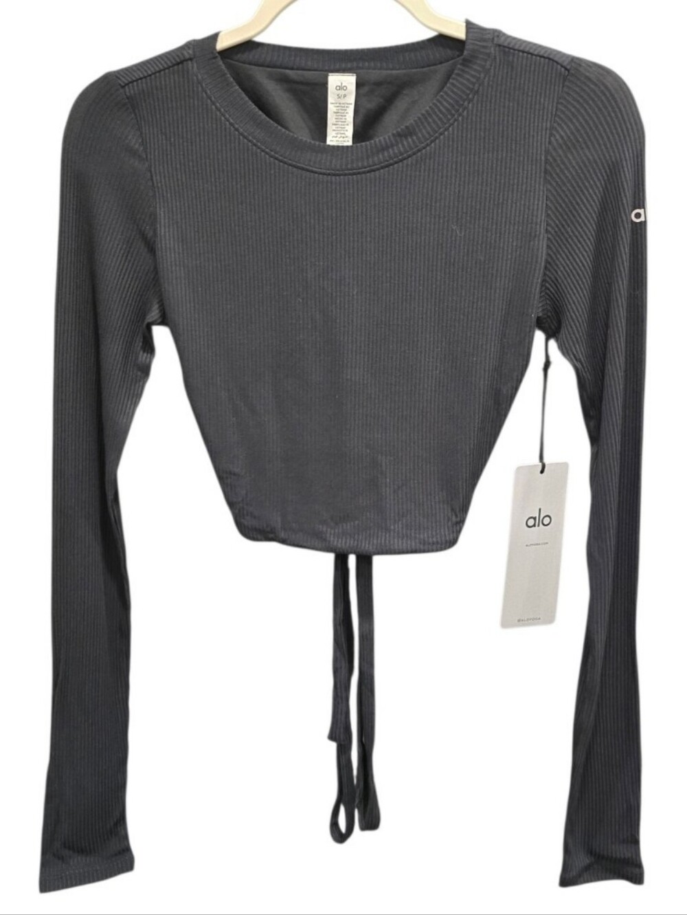 NWT Alo Yoga Ribbed Manifest Long Sleeve Top Black Open Back Tie Crop Size Small
